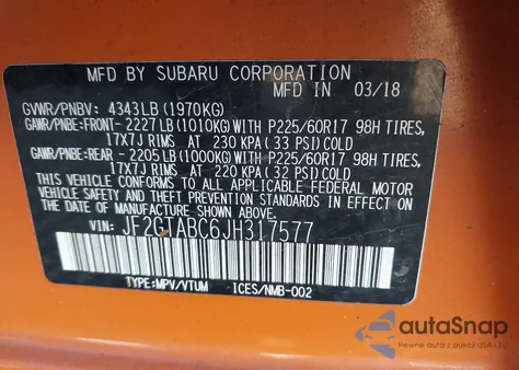 2018 Subaru Crosstrek 2.0I Premium z USA, uszkodzony, nr VIN JF2GTABC6JH317577